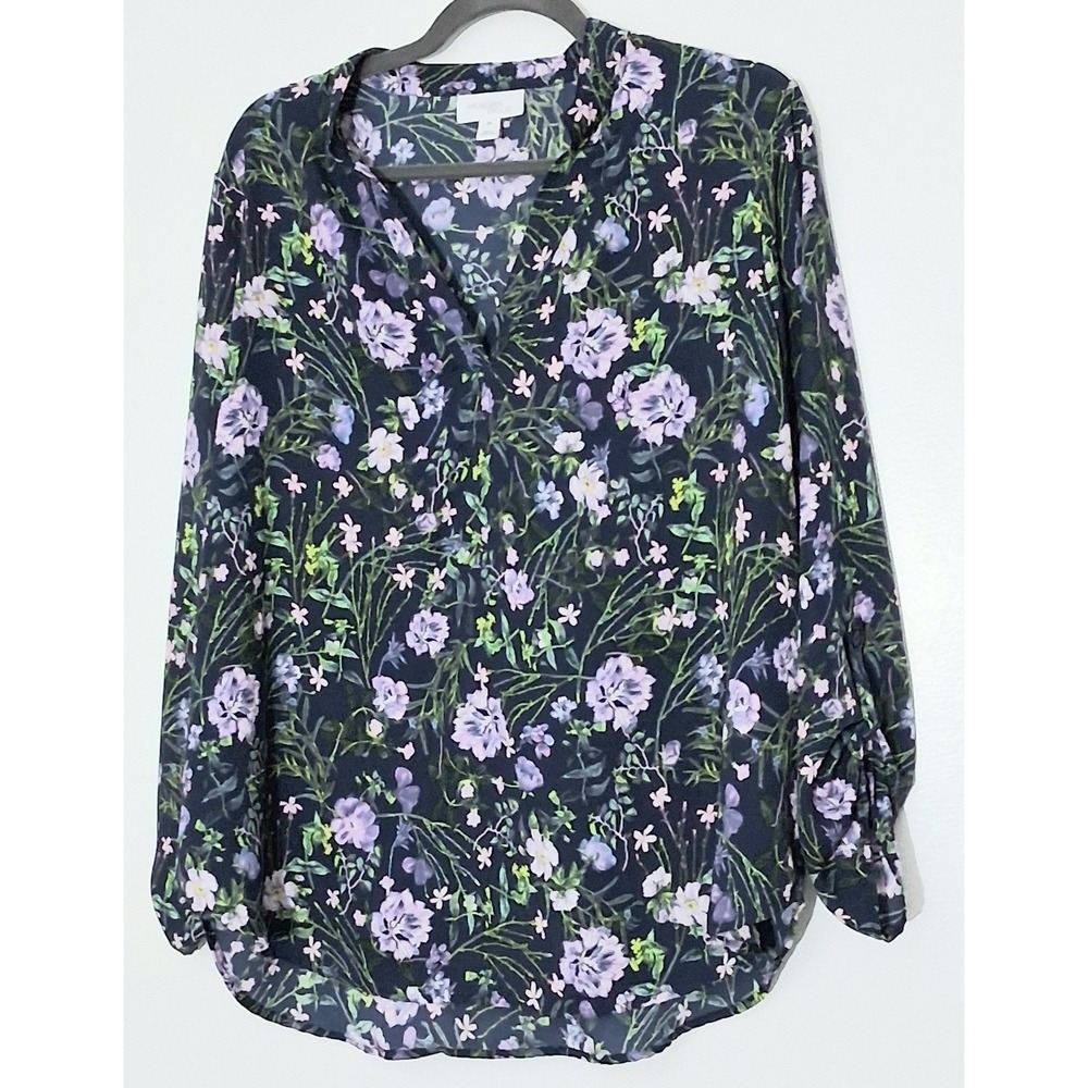 Morgan Taylor Blouse Size 1X Blue & Purple Floral V-Neck Roll Tab Sleeve Sheer